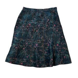 Peruvian Connection Women's Black Floral Linen Silk Midi A-line Skirt Size 10